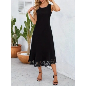 Kadın Kolsuz Etek Ucu Lazer Kesim çiçek Desenli Midi Boy Janjan Krep Elbise