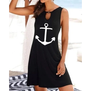 Kadın Kolsuz Halka Detay çıpa Baskılı Viskon Elbise