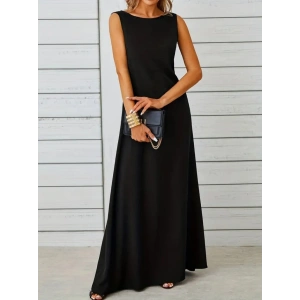 Kadın Kolsuz Kayık Yaka Maksi Janjan Krep Elbise