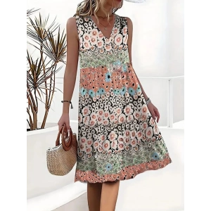 Kadın Kolsuz V Yaka çiçek Desenli Süprem Elbise