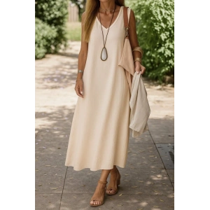 Kadın Kolsuz V Yakalı Maksi Boy Ithal Keten Elbise