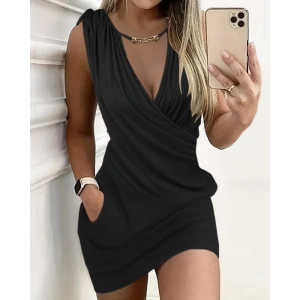 Kadın Kruvaze Yaka Büzgü Ve Zincir Aksesuar Detay Cepli Sandy Mini Elbise