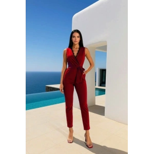 Kadın Kruvaze Yaka Dantel Güpür Ve Kuşak Detay Tulum