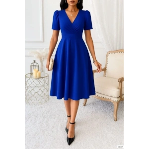 Kadın Kruvaze Yaka Kısa Kollu Midi Boy Krep Kumaş Elbise