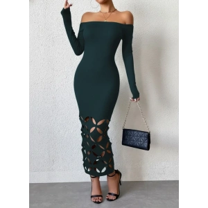 Kadın Madonna Yaka Uzun Kollu Lazer çiçek Kesim Detaylı Uzun Ithal Krep Elbise