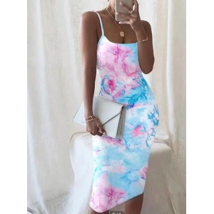 Kadın Omuz Askılı Dijital Baskılı Midi Boy Elbise