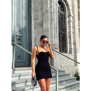 Kadın Omuz Askılı File Kumaş Likralı Mini Elbise