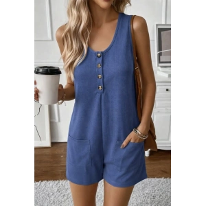 Kadın Omuz Askılı önden Düğmeli Waffle Kısa Tulum