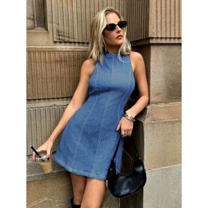 Kadın Omuzlardan Açık Bisiklet Yaka Kısa Kot Elbise