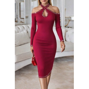 Kadın Omuzlardan Açık Boyundan Geçmeli Damla Detaylı Taşlı Midi Dalgıç Elbise