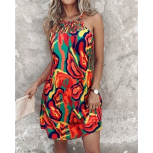 Kadın Omuzlardan Açık çapraz şerit Detaylı Desenli Süprem Elbise