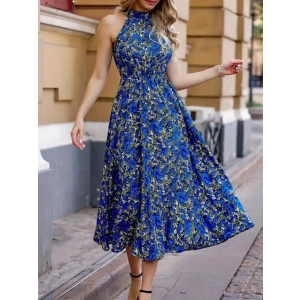 Kadın Omuzlardan Açık Daire Yaka Desenli Maxi Süprem Elbise