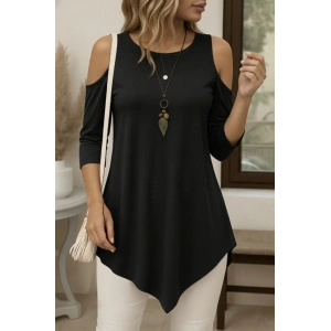 Kadın Omuzlardan Açık Sıfır Yaka Asimetrik Kesim Detay Viskon Bluz