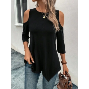 Kadın Omuzlardan Açık Sıfır Yaka Asimetrik Kesim Detay Viskon Bluz