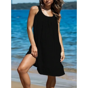 Kadın Omuzlardan Açık Yuvarlak Yaka Pileli Viskon Elbise