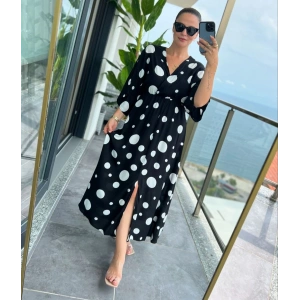 Kadın Puantiyeli Kruvaze Uzun Elbise