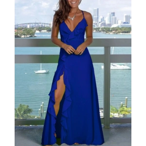 Kadın Sıfır Kol Ip Askılı Dekolteli Yırtmaç Detay Krep Elbise