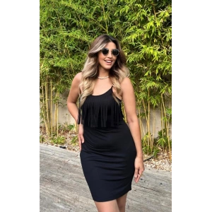 Kadın Sıfır Kol önü Püsküllü Askılı Viskon Mini Elbise