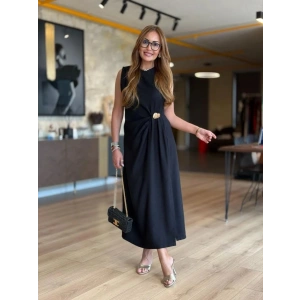 Kadın Sıfır Kollu Bisiklet Yaka Belden Büzgülü Yırtmaç Detaylı Janjan Krep Elbise