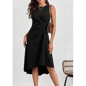 Kadın Sıfır Kollu Bisiklet Yaka Büzgülü Asimetrik Kesim Detaylı Janjan Krep Elbise