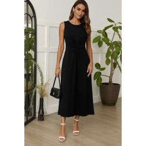 Kadın Sıfır Kollu Bisiklet Yaka Yandan Büzgü Detaylı Viskon Elbise