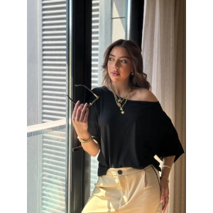 Kadın Tek Omuzu Açık Kısa Kollu Salaş Viskon Bluz