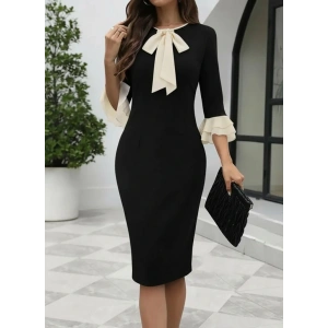 Kadın Truvakar Kollu Fiyonk Yakalı Midi Ithal Krep Elbise