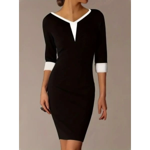 Kadın Truvakarkol V Yakalı Blok Renkli Kısa Janjan Krep Elbise