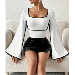 Kadın U Yaka iyah şerit Detyalı Yarasa Kol Dalgıç Kumaş Arabiyeli Bluz