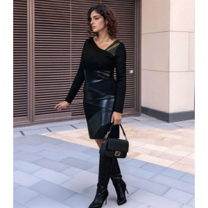 Kadın Uzun Kollu Asimetrik Yaka Süet Ve Deri Mini Boy Elbise