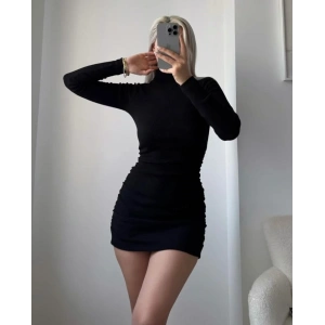 Kadın Uzun Kollu Balıkçı Yaka Büzgü Detay Kaşkorse Kumaş Mini Elbise