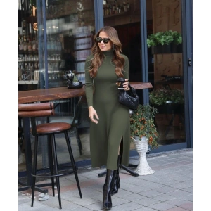 Kadın Uzun Kollu Balıkçı Yaka Derin Yırtmaç Detay Krep Elbise