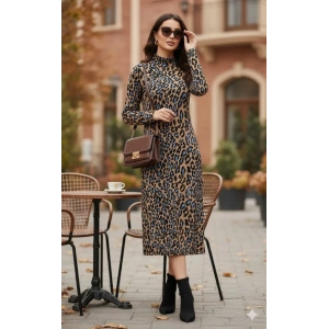 Kadın Uzun Kollu Balıkçı Yaka eopar Desenli idi Boy Elbise