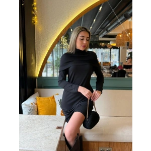 Kadın Uzun Kollu Balıkçı Yaka Omuz Katlamalı Dalgıç Kısa Elbise