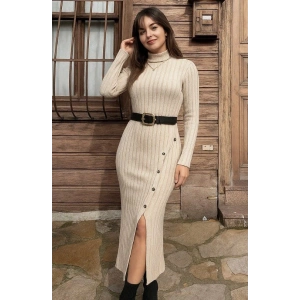 Kadın Uzun Kollu Balıkçı Yaka Yırtmaçlı Düğmeli şardonlu Kaşkorse Elbise