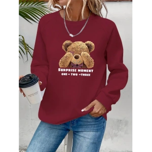 Kadın Uzun Kollu Bisiklet Yaka Ayıcık Desenli Viskon Iki Iplik Bluz