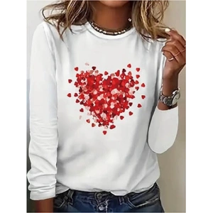 Kadın Uzun Kollu Bisiklet Yaka Baskılı Viskon Bluz