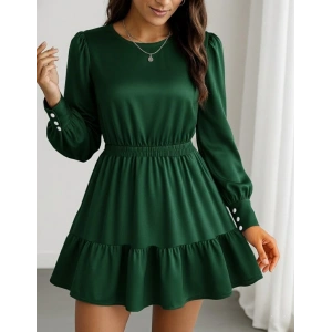 Kadın Uzun Kollu Bisiklet Yaka Beli Lastikli Fırfırlı Ithal Krep Elbise