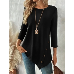 Kadın Uzun Kollu Bisiklet Yaka Etek Ucu Asimetrik Kesim Düğme Detaylı Viskon Bluz
