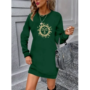 Kadın Uzun Kollu Bisiklet Yaka Güneş Desenli Viskon Iki Iplik Elbise