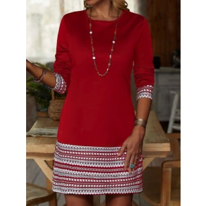 Kadın Uzun Kollu Bisiklet Yaka Kol Ağzı Ve Etek Ucu Baskılı Iki Iplik Elbise