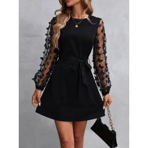 Kadın Uzun Kollu Bisiklet Yaka Kollar Tül Kelebek Detaylı Ithal Krep Elbise