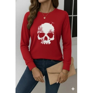 Kadın Uzun Kollu Bisiklet Yaka Kurukafa Desenli Viskon Bluz