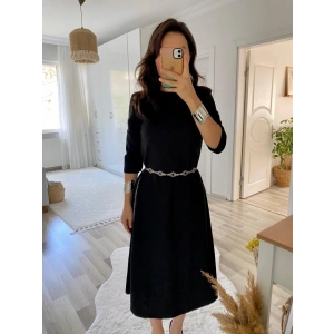 Kadın Uzun Kollu Bisiklet Yaka Midi Ithal Krep Elbise