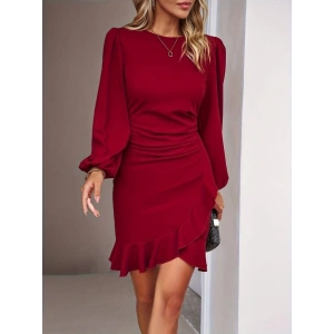 Kadın Uzun Kollu Bisiklet Yaka önden Volanlı Ithal Krep Elbise