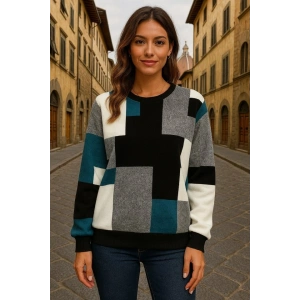 Kadın Uzun Kollu Bisiklet Yaka Renkli Blok Baskı Dalgıç Bluz