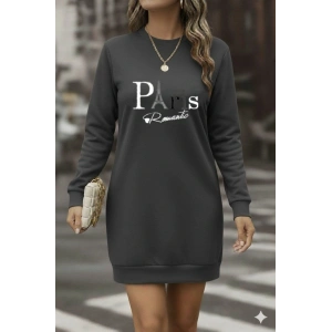 Kadın Uzun Kollu Bisiklet Yaka Yazılı Kısa Viskon Iki Iplik Elbise