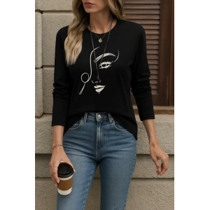 Kadın Uzun Kollu Bisiklet Yaka Yüz Desenli Viskon Bluz