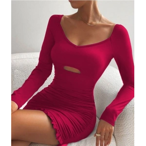 Kadın Uzun Kollu Derin V Yaka Göğüs Altı Dekolte Detay Etek Ucu Fırfırlı Sandy Mini Boy Elbise