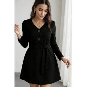 Kadın Uzun Kollu Düğme Detaylı Kendinden Kemerli Ithal Krep Elbise